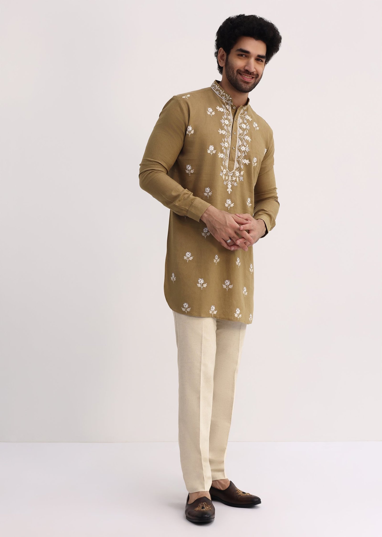 Beige Resham Work Kurta Set For Men - Image 4