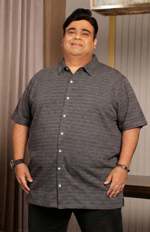 Men Plus Size Initial Grey Striped Casual Shirt