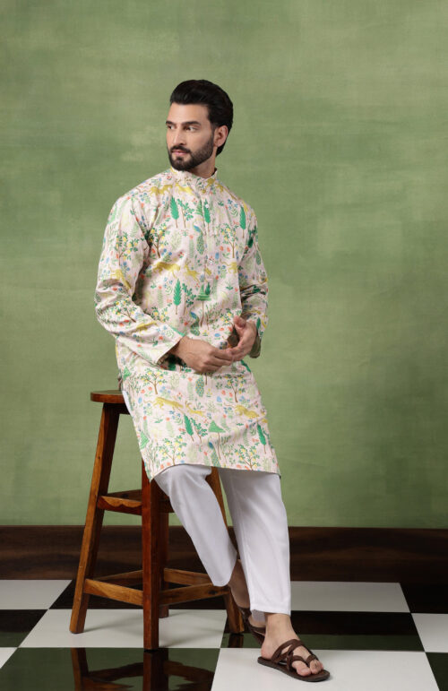 Men's Cotton Flora & Fauna Printed Mustard Kurta With White Pyjama
