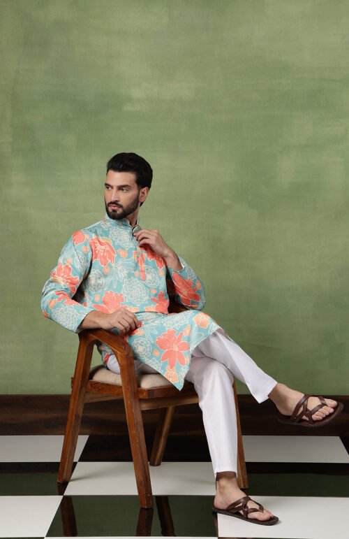 Men's Cotton All-Over Floral Print Green Kurta With Pyjama
