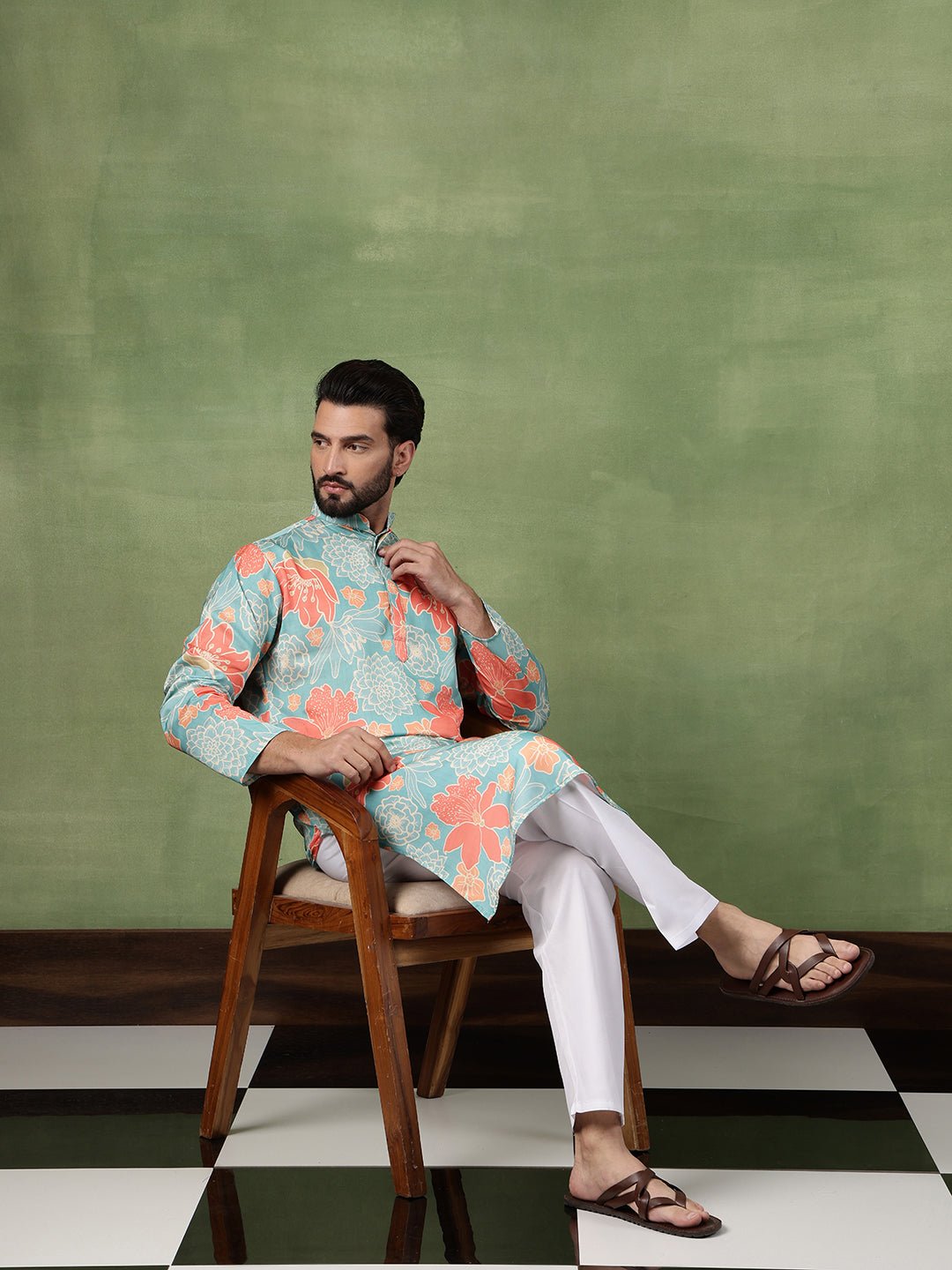 Men's Cotton All-Over Floral Print Green Kurta With Pyjama