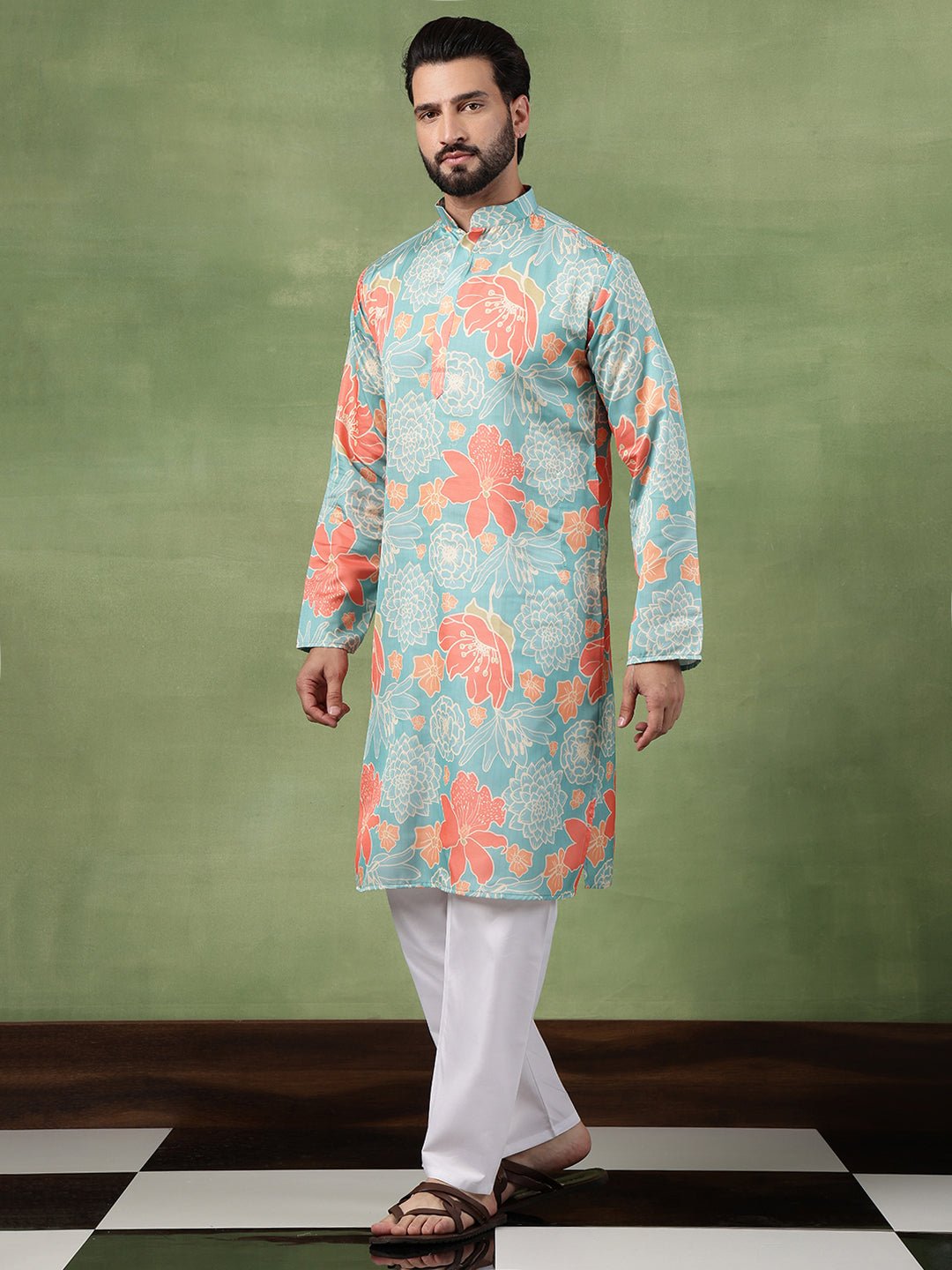 Men's Cotton All-Over Floral Print Green Kurta With Pyjama - Image 2