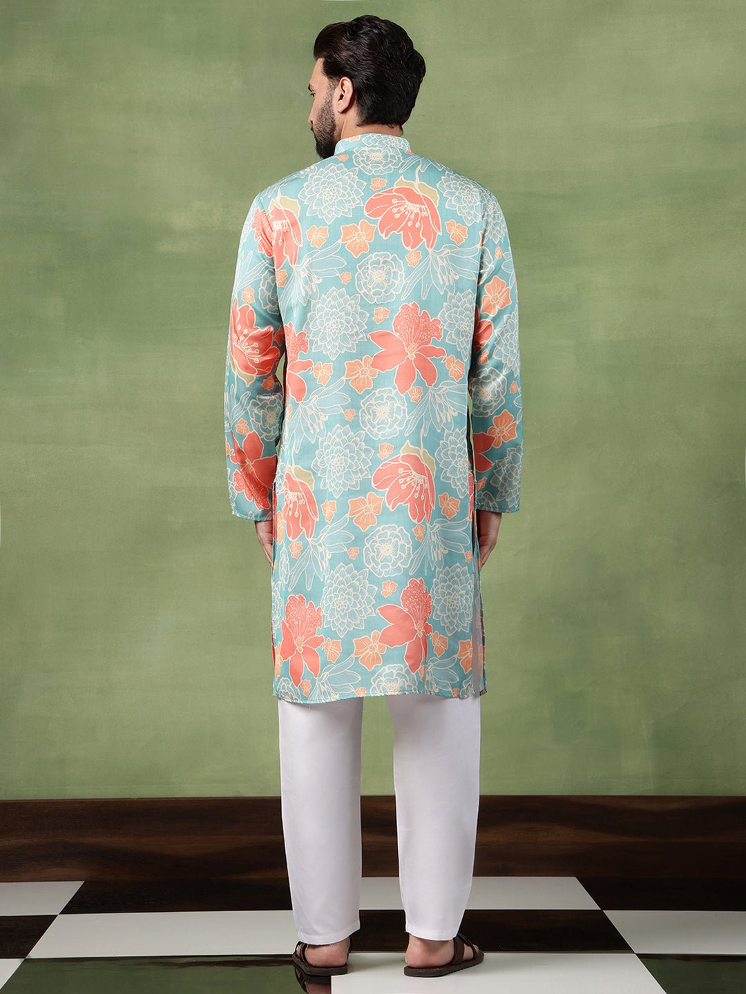 Men's Cotton All-Over Floral Print Green Kurta With Pyjama - Image 3