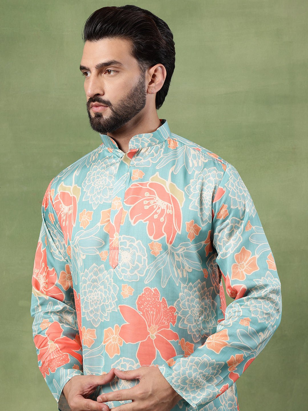 Men's Cotton All-Over Floral Print Green Kurta With Pyjama - Image 4