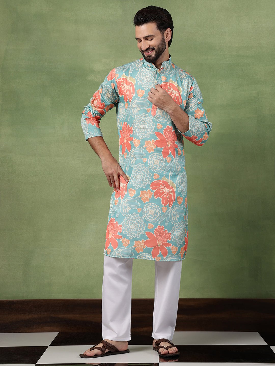 Men's Cotton All-Over Floral Print Green Kurta With Pyjama - Image 5