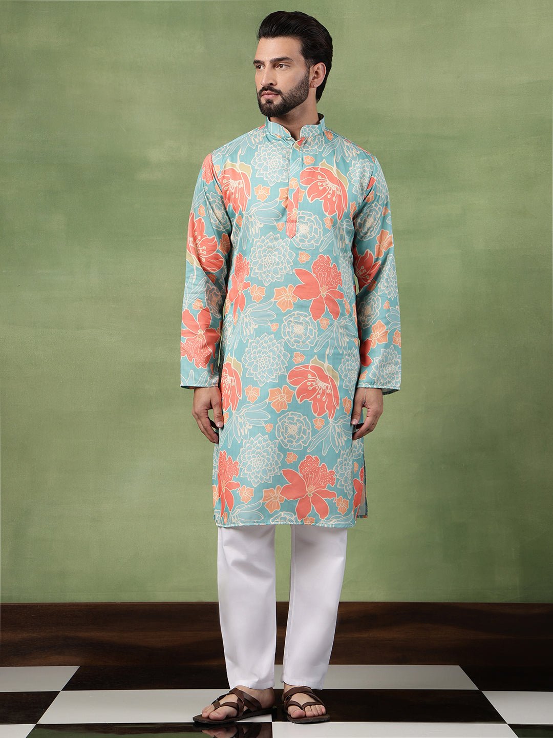 Men's Cotton All-Over Floral Print Green Kurta With Pyjama - Image 7