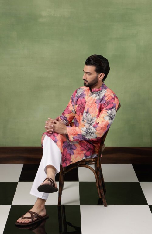 Men's Cotton Multicolor Bold Floral Print Pink Kurta With Pyjama