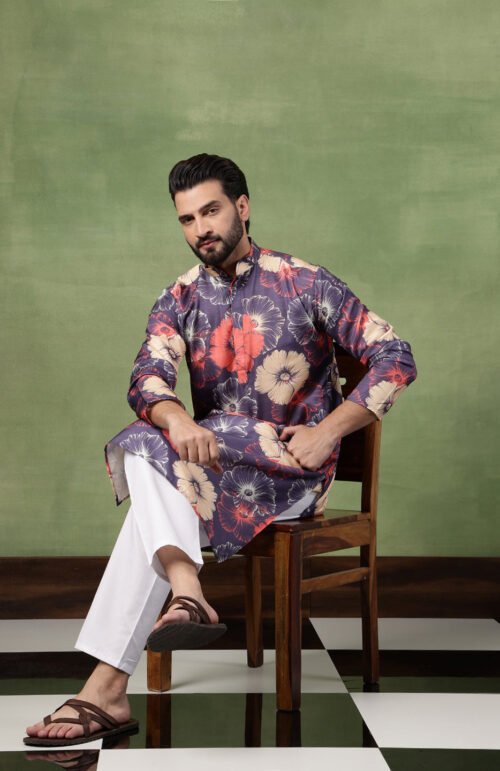 Men's Cotton Bold Floral Print Navy Kurta With White Pyjama