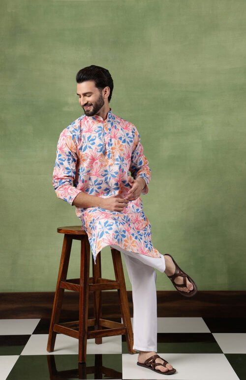 Men's Cotton Multicolor Bold Floral Print White Kurta With Pyjama