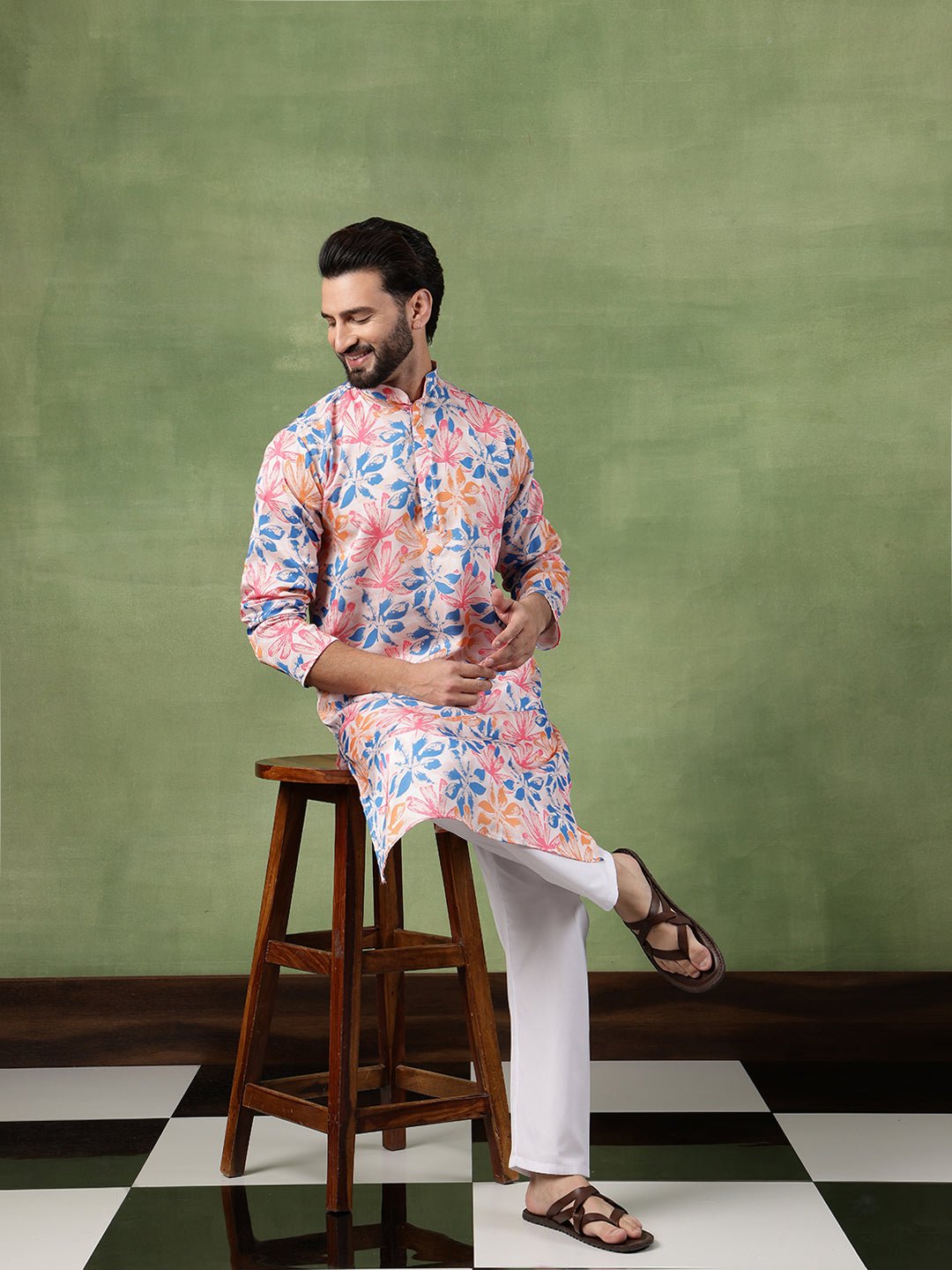 Men's Cotton Multicolor Bold Floral Print White Kurta With Pyjama