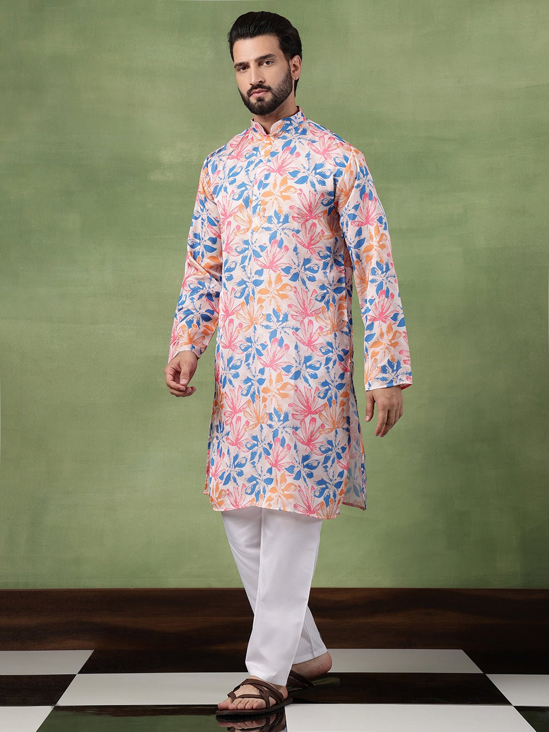 Men's Cotton Multicolor Bold Floral Print White Kurta With Pyjama - Image 2