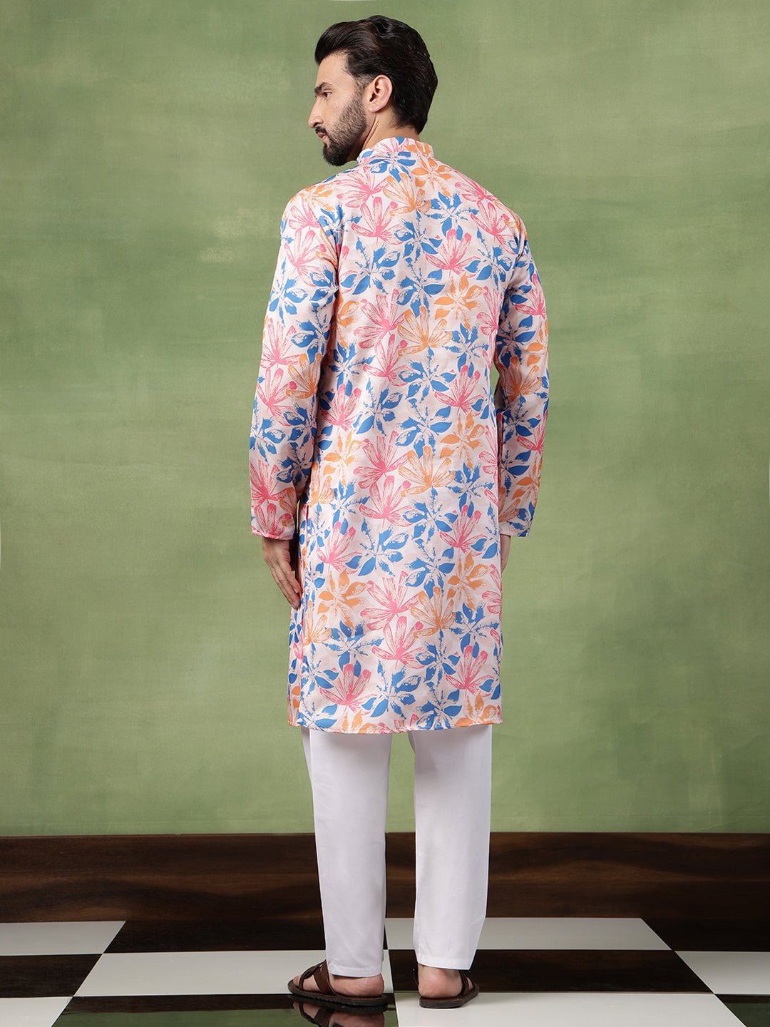 Men's Cotton Multicolor Bold Floral Print White Kurta With Pyjama - Image 3
