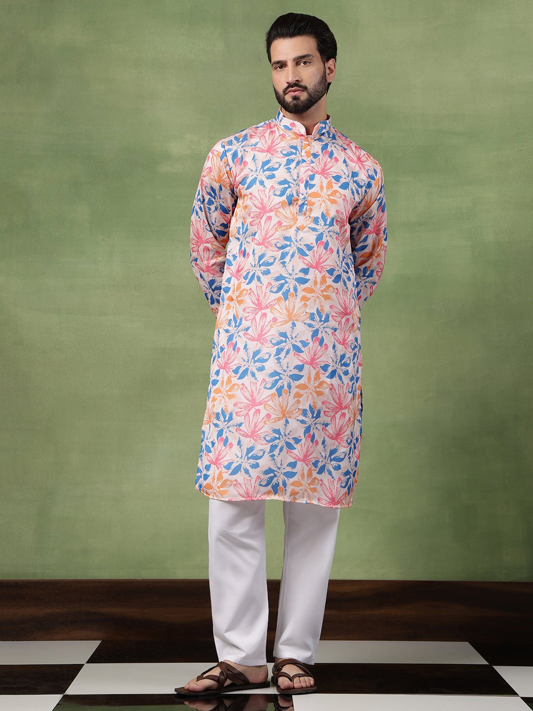 Men's Cotton Multicolor Bold Floral Print White Kurta With Pyjama - Image 7