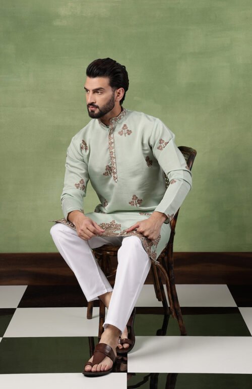 Men's Cotton Floral Thread Embroidered Green Kurta With Pyjama