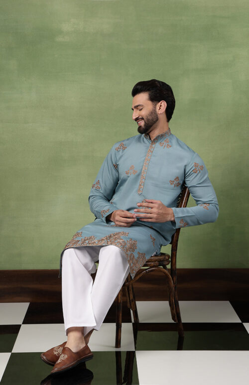 Men's Cotton Floral Thread Embroidered Teal Kurta With Pyjama