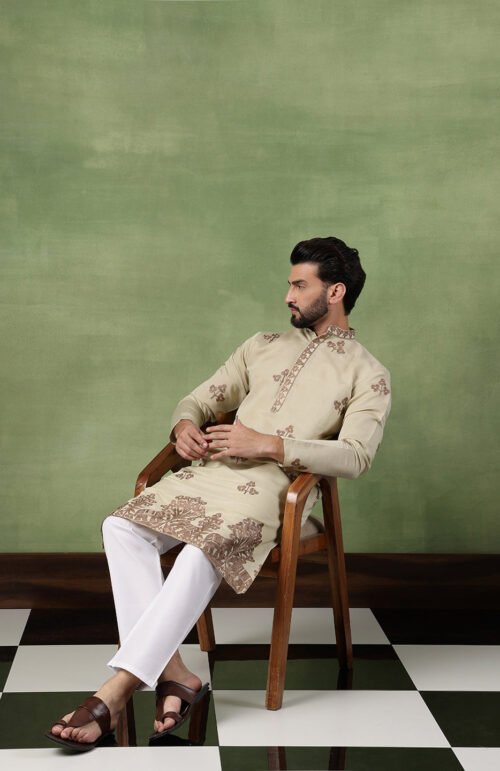 Men's Cotton Floral Thread Embroidered Pista Kurta With Pyjama