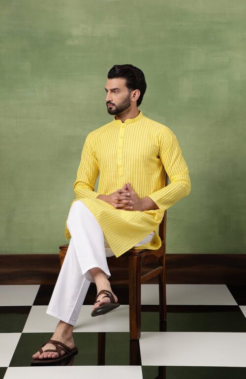 Men's Pure Cotton Striped Yellow Kurta With White Pyjama