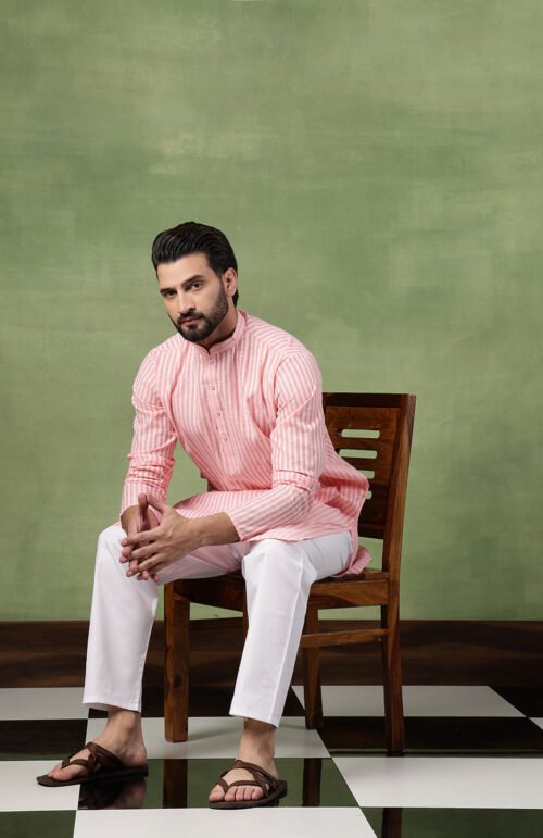 Men's Pure Cotton Striped Pink Kurta With White Pyjama