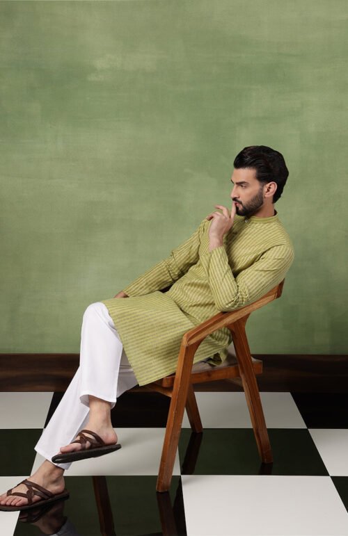 Men's Pure Cotton Striped Green Kurta With White Pyjama