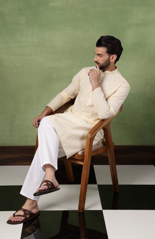 Men's Pure Cotton Striped Beige Kurta With White Pyjama