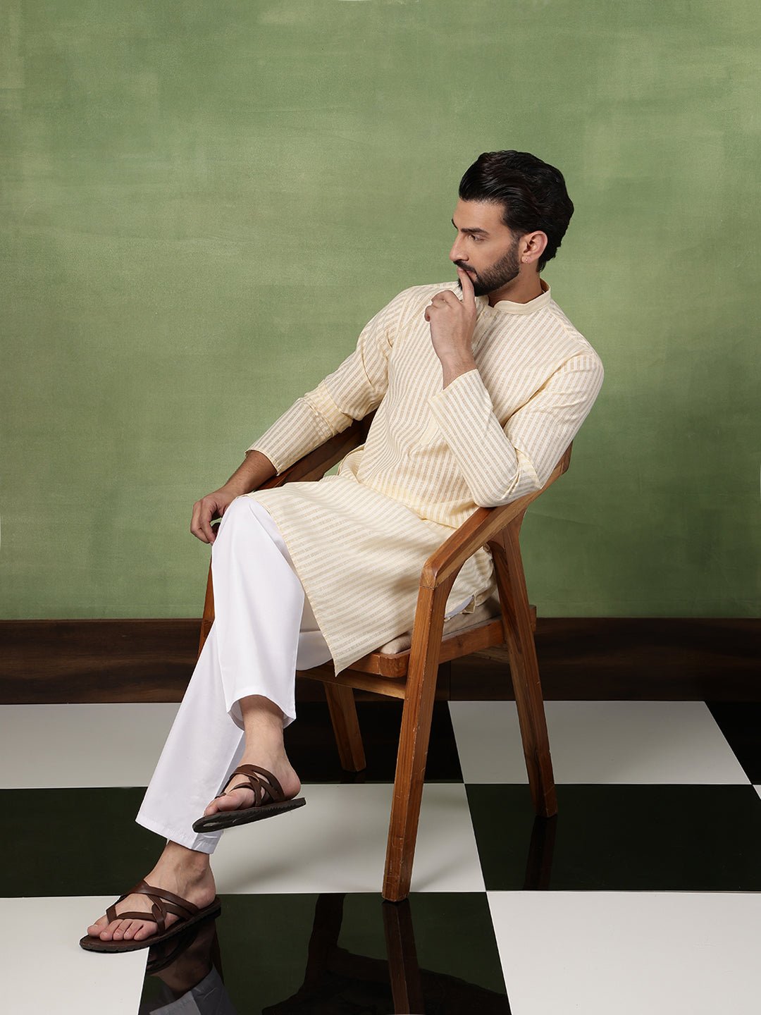 Men's Pure Cotton Striped Beige Kurta With White Pyjama