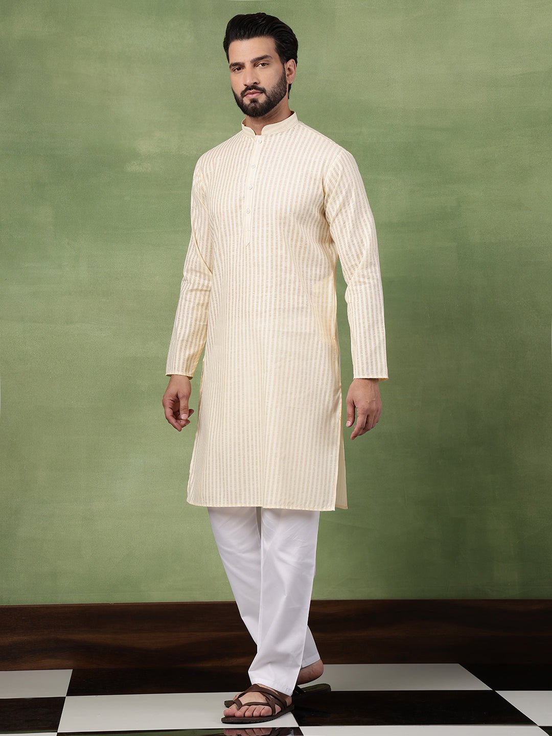 Men's Pure Cotton Striped Beige Kurta With White Pyjama - Image 2