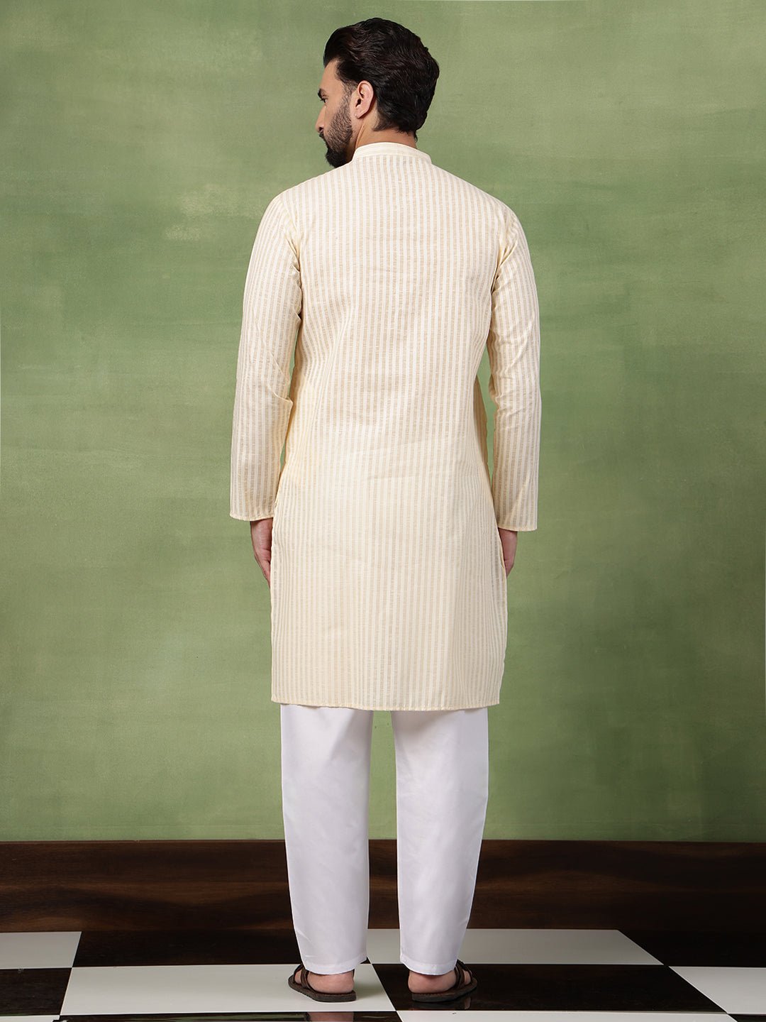 Men's Pure Cotton Striped Beige Kurta With White Pyjama - Image 3