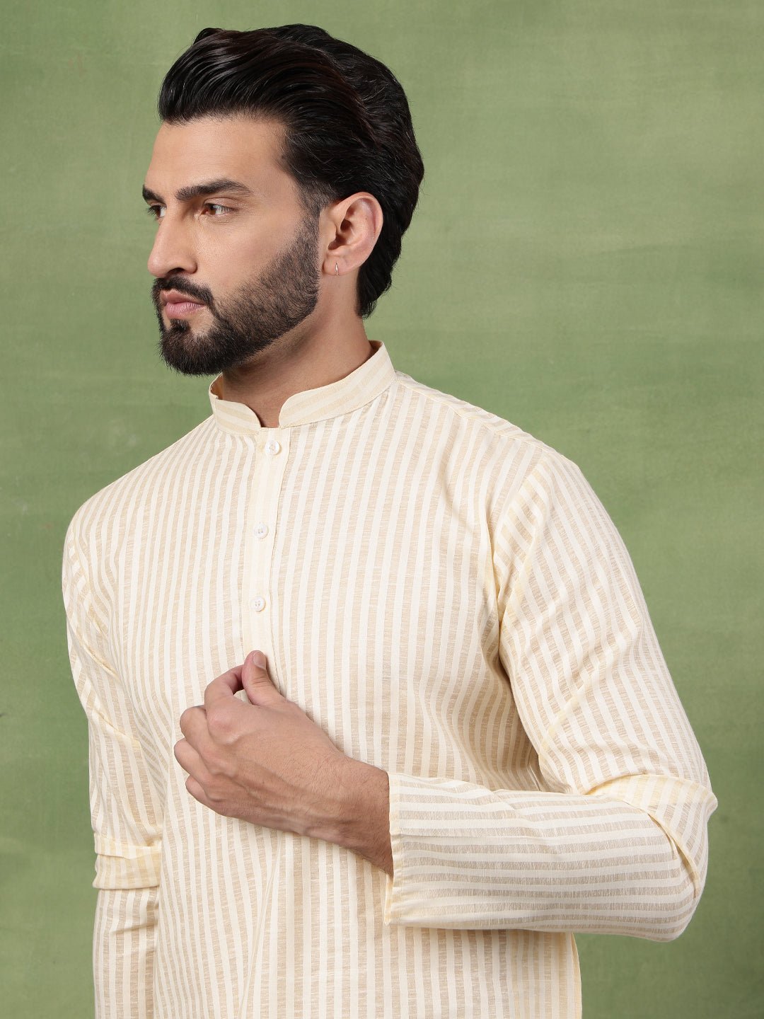 Men's Pure Cotton Striped Beige Kurta With White Pyjama - Image 4