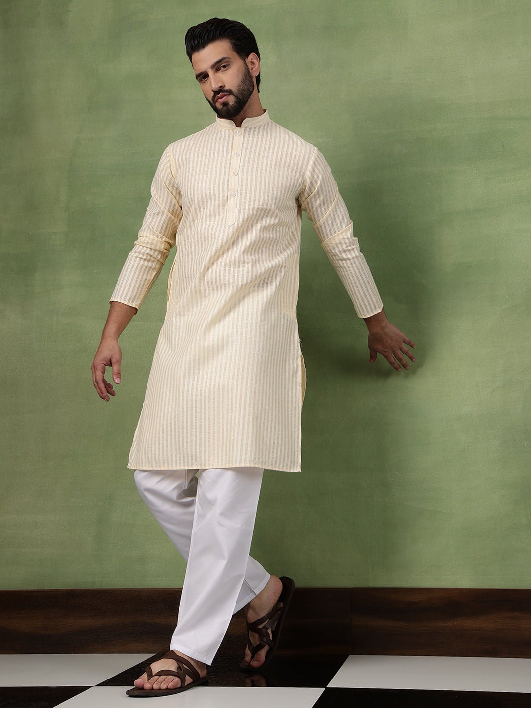 Men's Pure Cotton Striped Beige Kurta With White Pyjama - Image 5