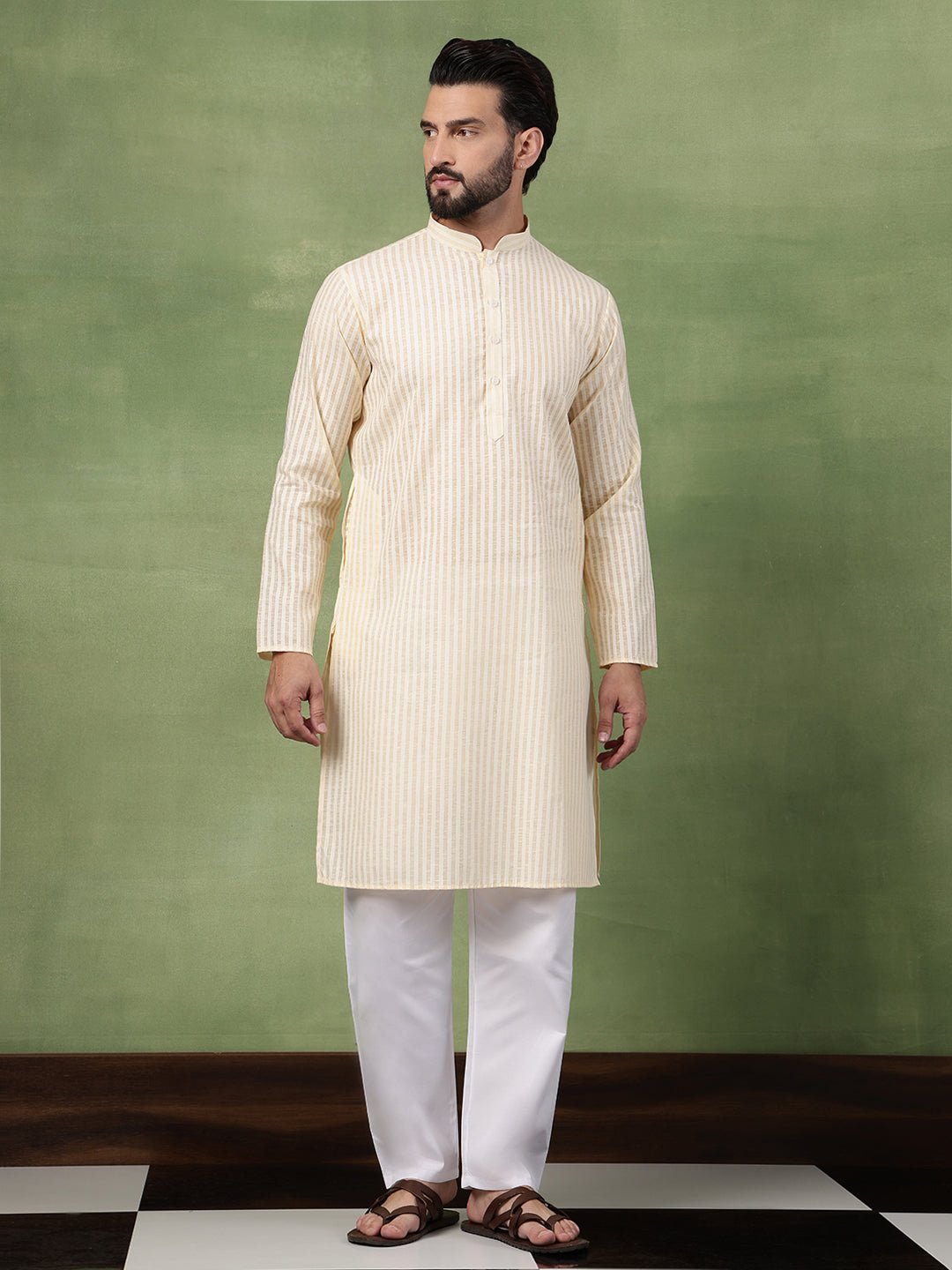 Men's Pure Cotton Striped Beige Kurta With White Pyjama - Image 7
