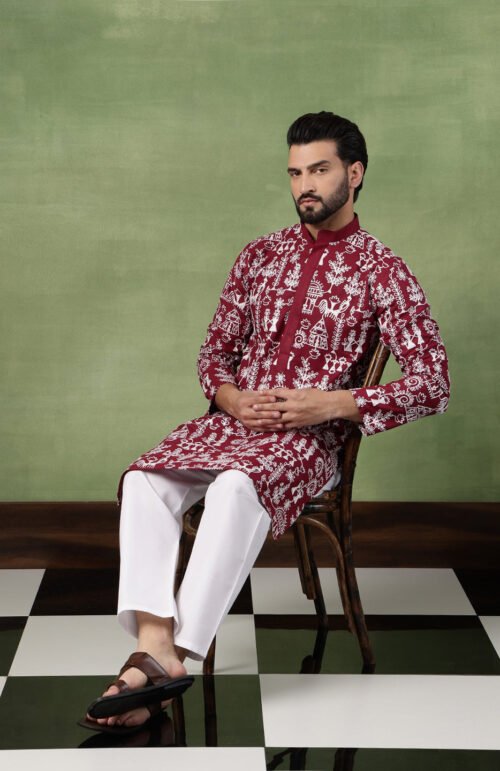 Men's Cotton Warli Embroidered Maroon Kurta With White Pyjama