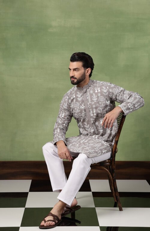 Men's Cotton Warli Embroidered Grey Kurta With White Pyjama