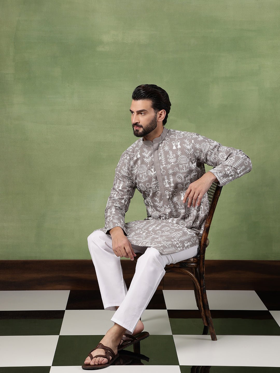 Men's Cotton Warli Embroidered Grey Kurta With White Pyjama