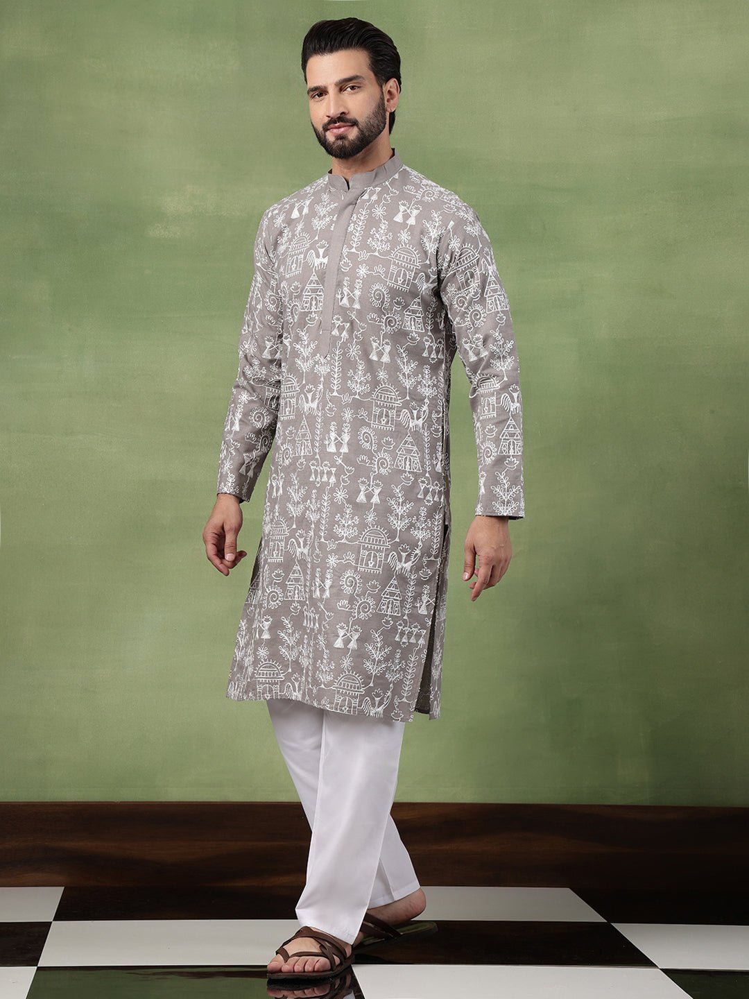 Men's Cotton Warli Embroidered Grey Kurta With White Pyjama - Image 2