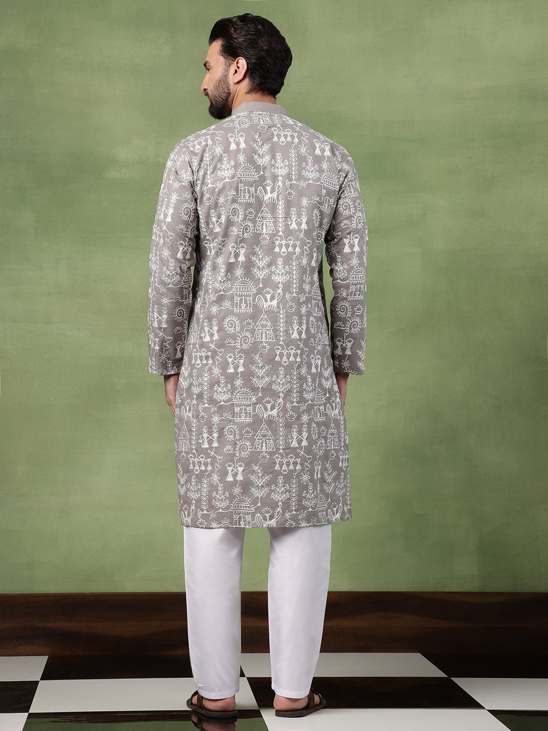Men's Cotton Warli Embroidered Grey Kurta With White Pyjama - Image 3