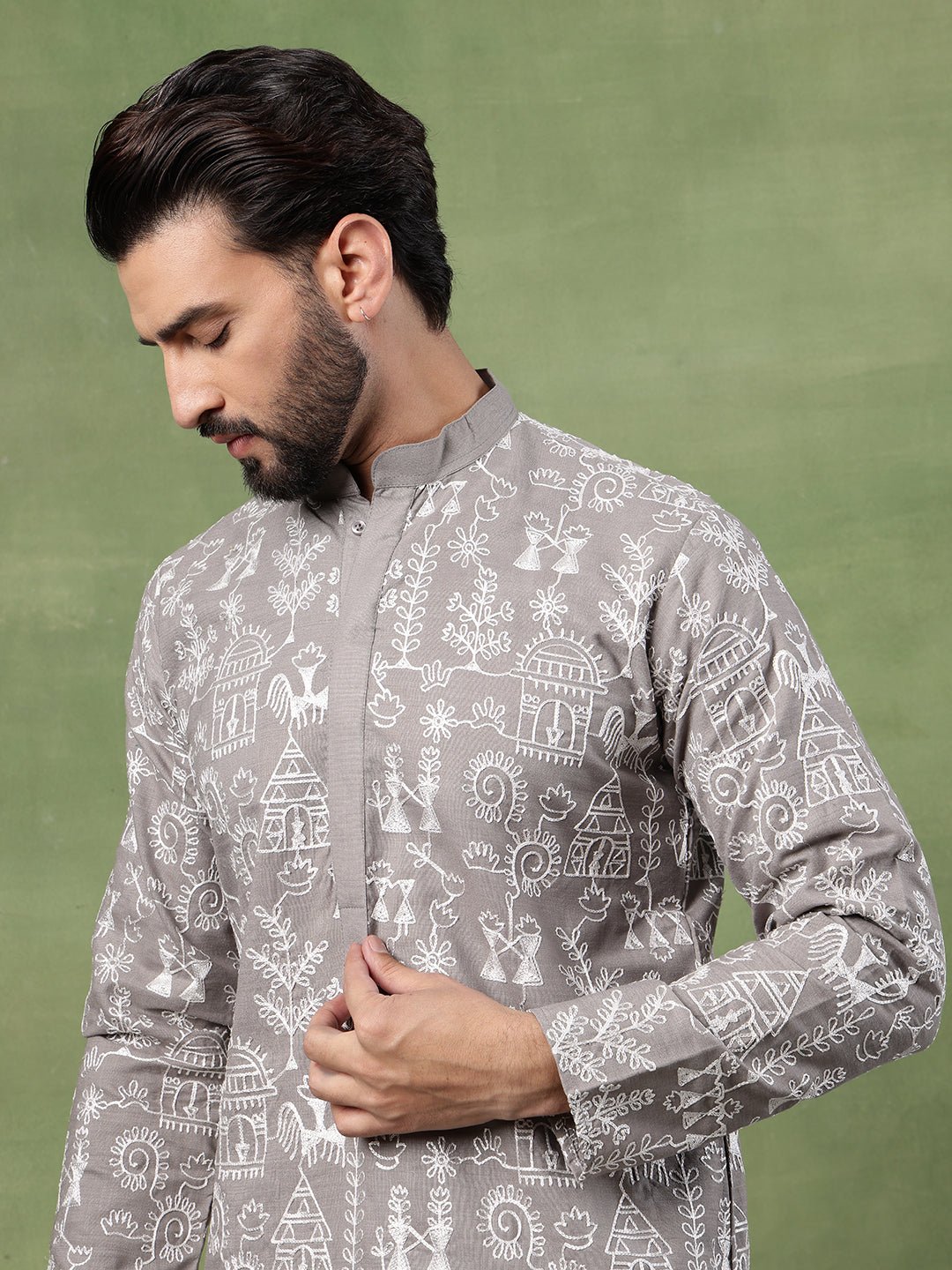 Men's Cotton Warli Embroidered Grey Kurta With White Pyjama - Image 4