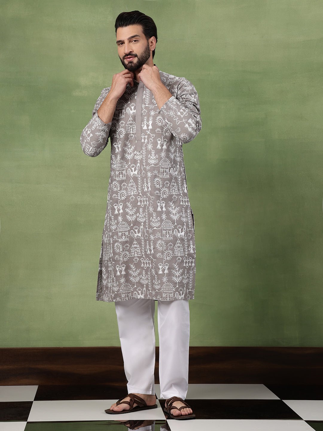 Men's Cotton Warli Embroidered Grey Kurta With White Pyjama - Image 5