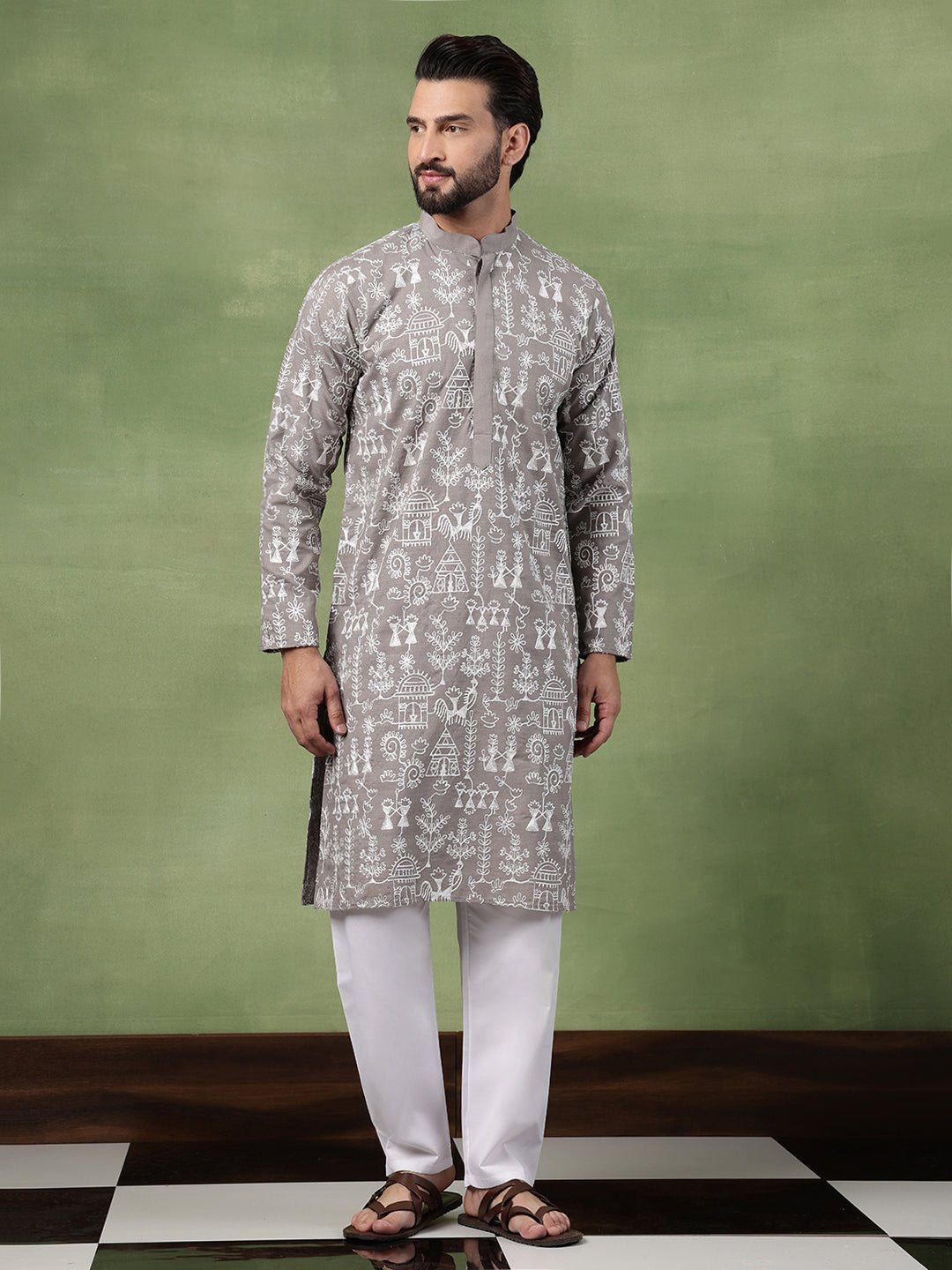 Men's Cotton Warli Embroidered Grey Kurta With White Pyjama - Image 7