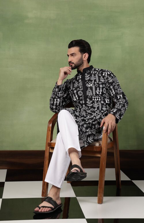 Men's Cotton Warli Embroidered Black Kurta With White Pyjama