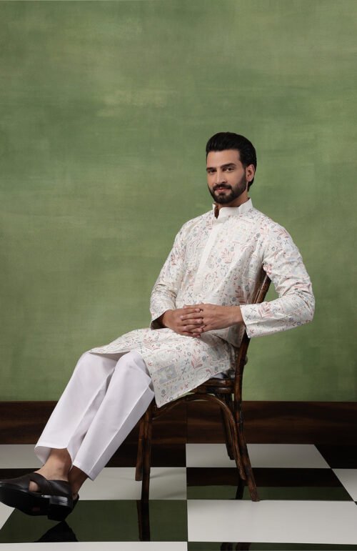 Men's Cotton Floral & Sequin Embroidered Off White Kurta With Pyjama