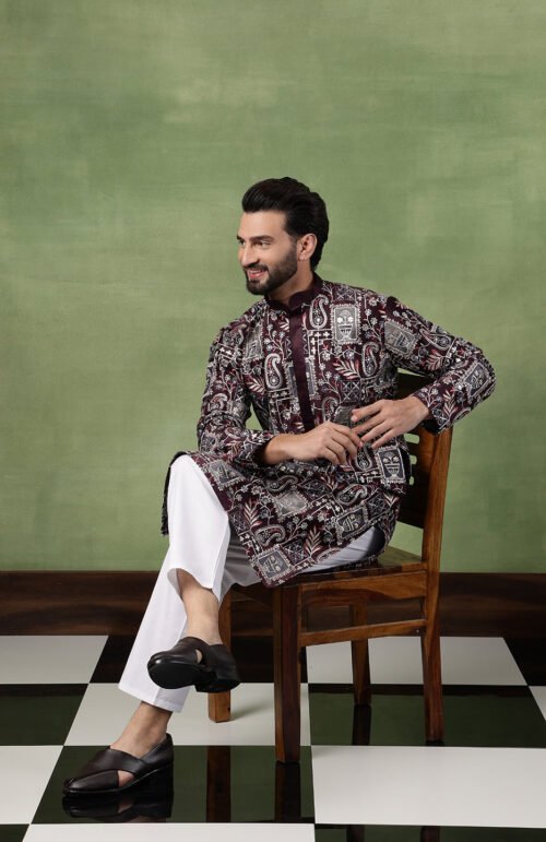 Men's Cotton Floral & Sequin Embroidered Wine Kurta With Pyjama