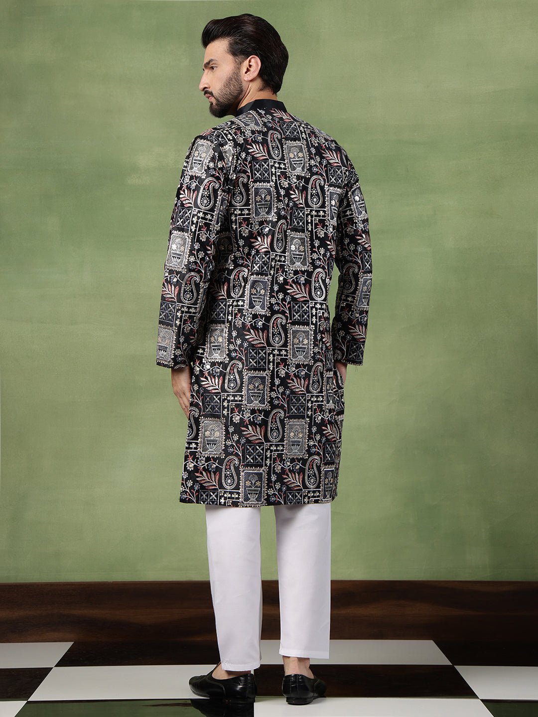 Men's Cotton Floral & Sequin Embroidered Black Kurta With Pyjama