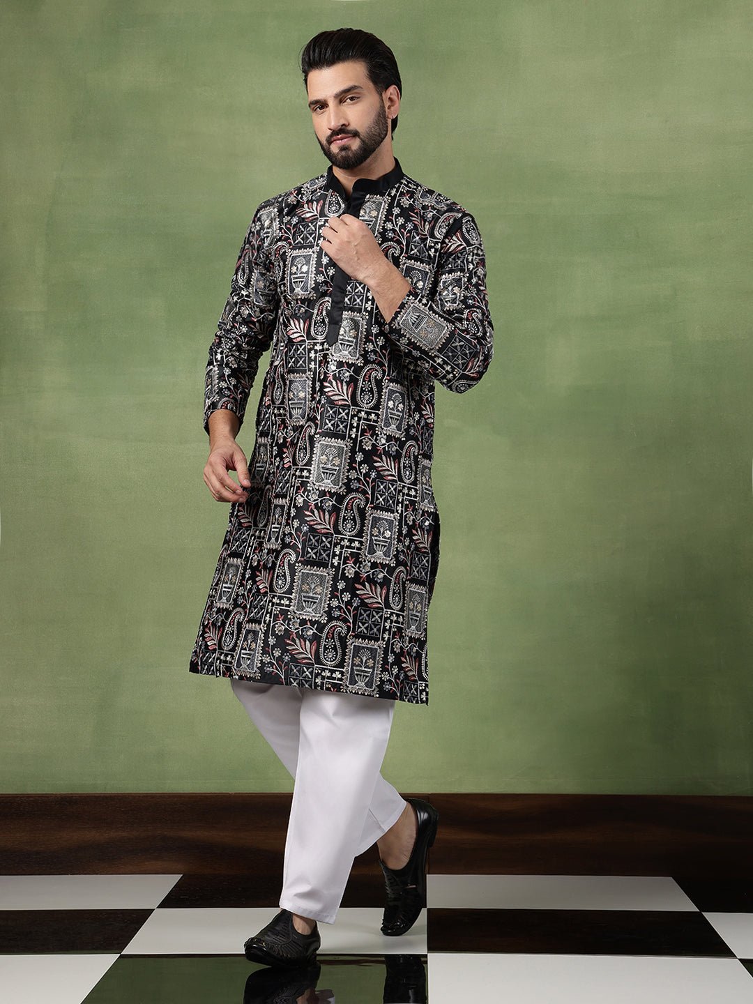 Men's Cotton Floral & Sequin Embroidered Black Kurta With Pyjama - Image 7