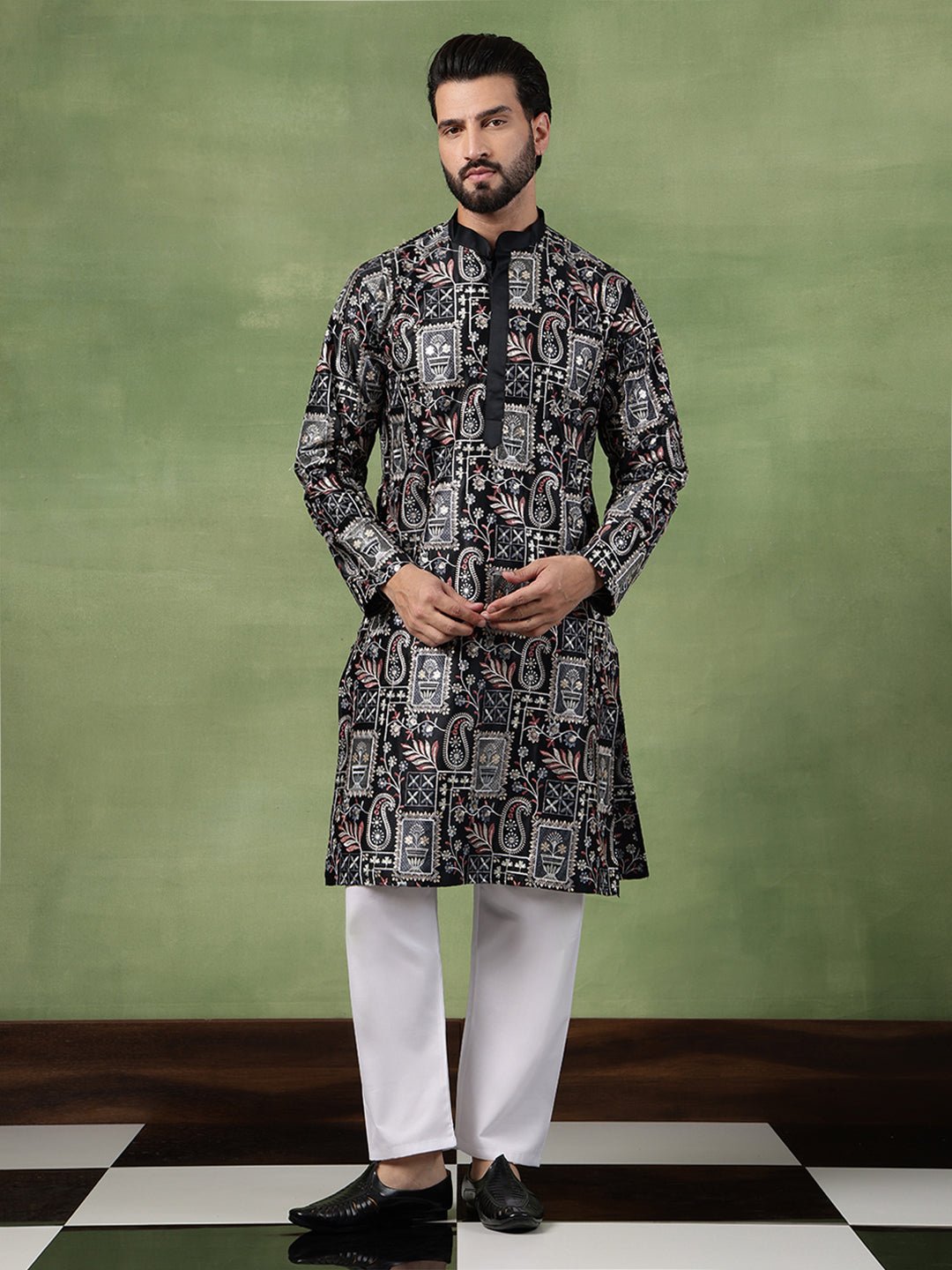 Men's Cotton Floral & Sequin Embroidered Black Kurta With Pyjama - Image 3