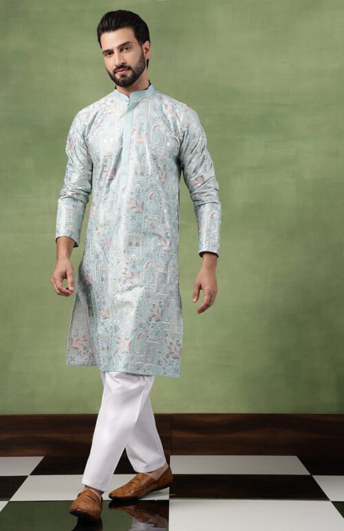 Men's Cotton Floral & Sequin Embroidered Sky Blue Kurta With Pyjama