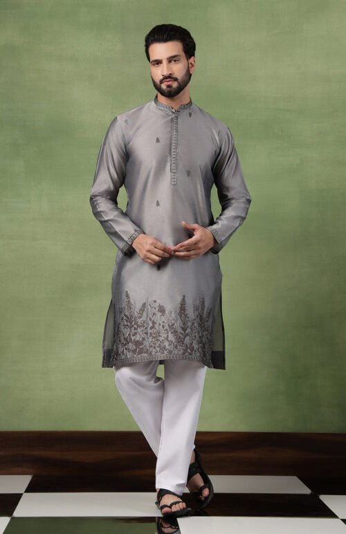 Men’s Jacquard Silk Embroidered Leaf Daman Grey Kurta with Pyjama
