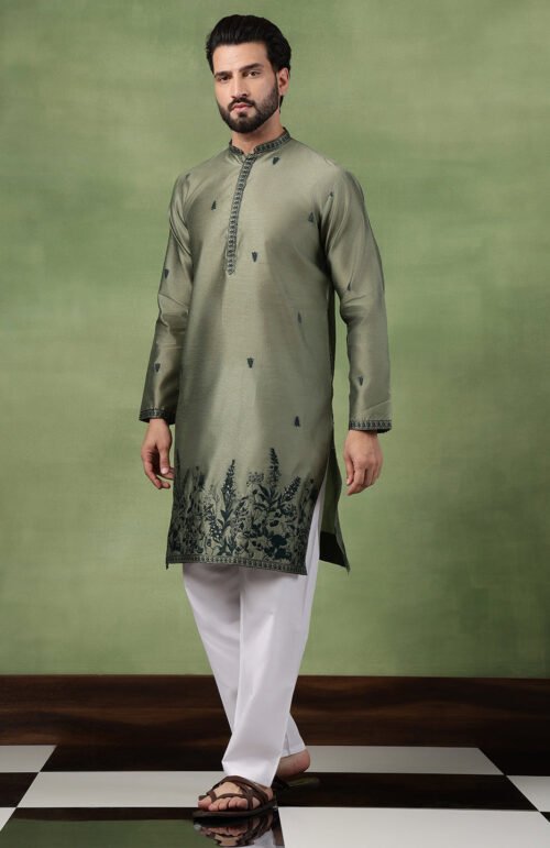 Men’s Jacquard Silk Embroidered Leaf Daman Mehndi Kurta with Pyjama