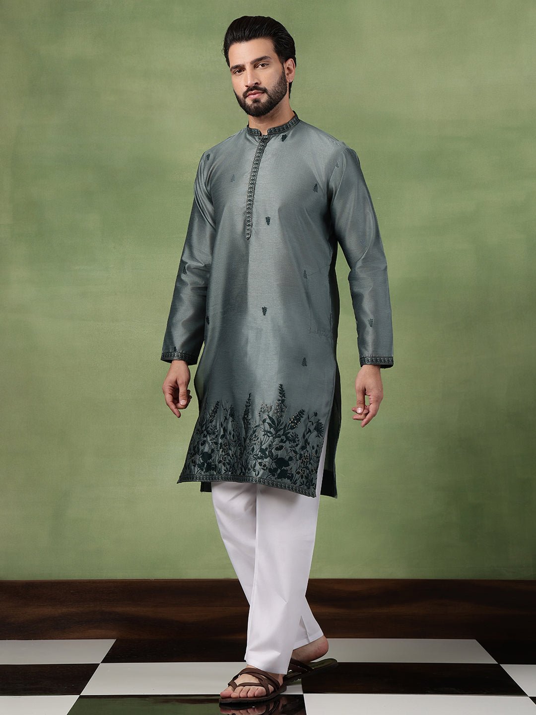 Men’s Jacquard Silk Embroidered Leaf Daman Green Kurta with Pyjama - Image 5