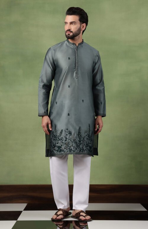 Men’s Jacquard Silk Embroidered Leaf Daman Green Kurta with Pyjama