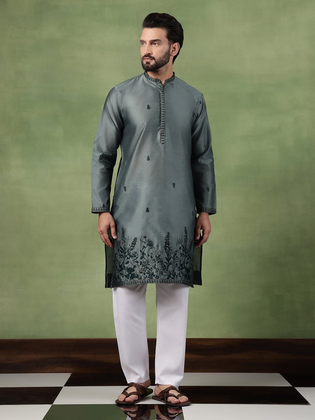 Men’s Jacquard Silk Embroidered Leaf Daman Green Kurta with Pyjama